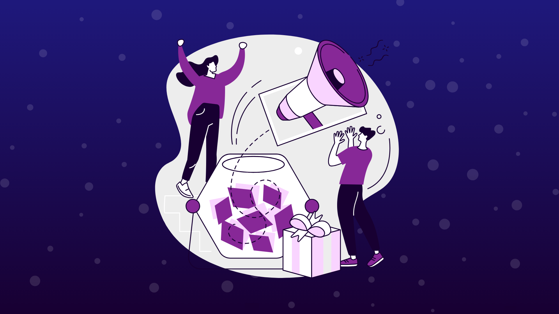 Graphic of people celebrating an announcement with royal purple accents